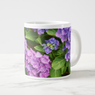 Caneca De Café Grande Hydrangeas, Azul, Rosa, Mauve, Folhas Verdes