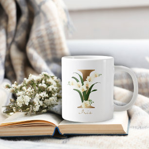Caneca De Café Grande I - Letra Monograma Dourado   Orquídeas Florais B