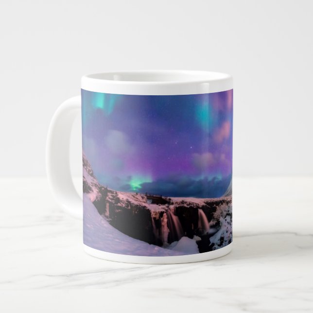 Caneca De Café Grande Ice & Snow | Northern Lights,  Kirkjufell Mountain (Frente Esquerda)