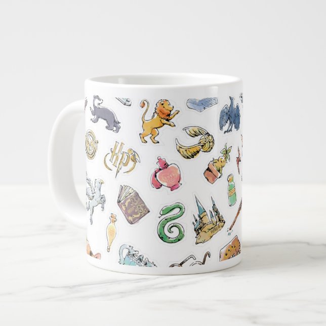 Caneca De Café Grande Ícones de Harry Potter em Aquarela (Frente Esquerda)