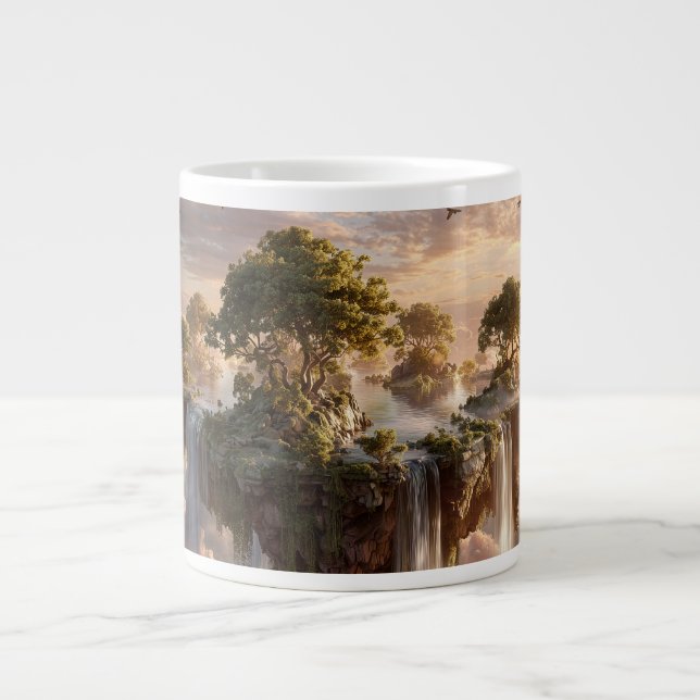 Caneca De Café Grande Ilhas Flutuantes Surreais Com Cachoeiras (Frente)