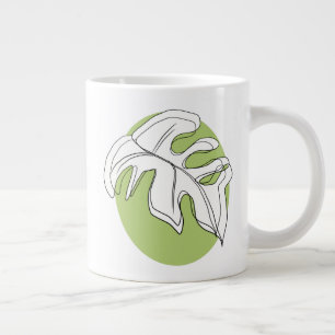 Caneca De Café Grande Ilustração Abstrata de Folha de Monstera Verde