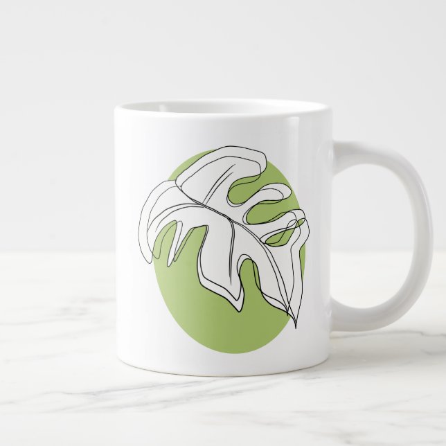 Caneca De Café Grande Ilustração Abstrata de Folha de Monstera Verde (Direita)