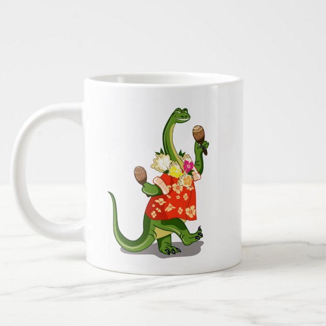 Caneca De Café Grande Ilustração De Um Brontossauro Jogando Maracas. (Esquerda)