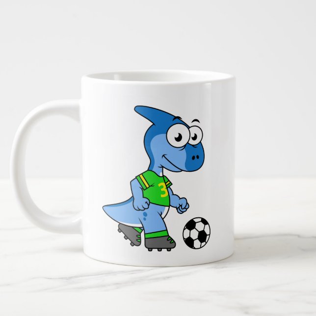 Caneca De Café Grande Ilustração De Um Parasaurolofo Jogando Futebol. (Esquerda)