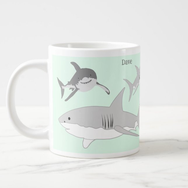 Caneca De Café Grande Ilustração Verde de Tubarões do Oceano Livremente (Esquerda)