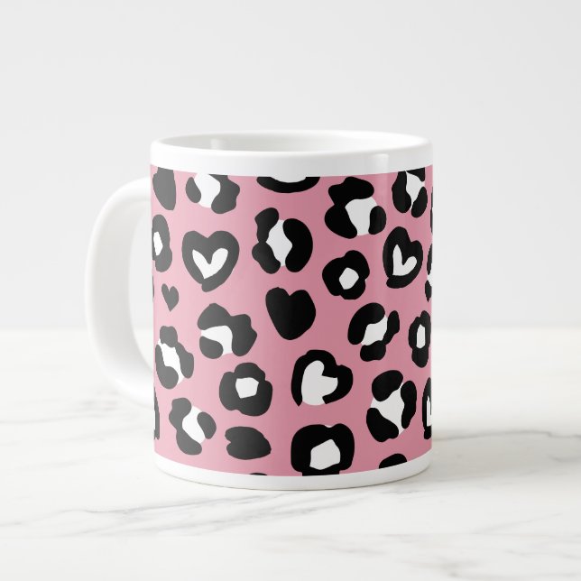Caneca De Café Grande Impressão Animal, Leopardo Rosa, Manchas de Chita, (Frente Esquerda)