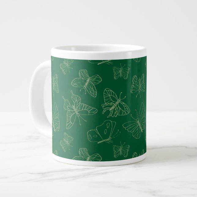 Caneca De Café Grande Impressão de Borboleta Verde Escura, Natureza Insp (Frente Esquerda)