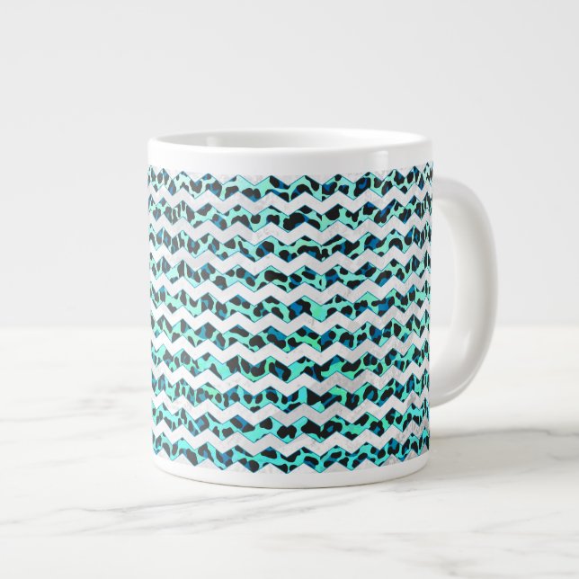 Caneca De Café Grande Impressão de Leopardo Negro e Teal (Frente Esquerda)