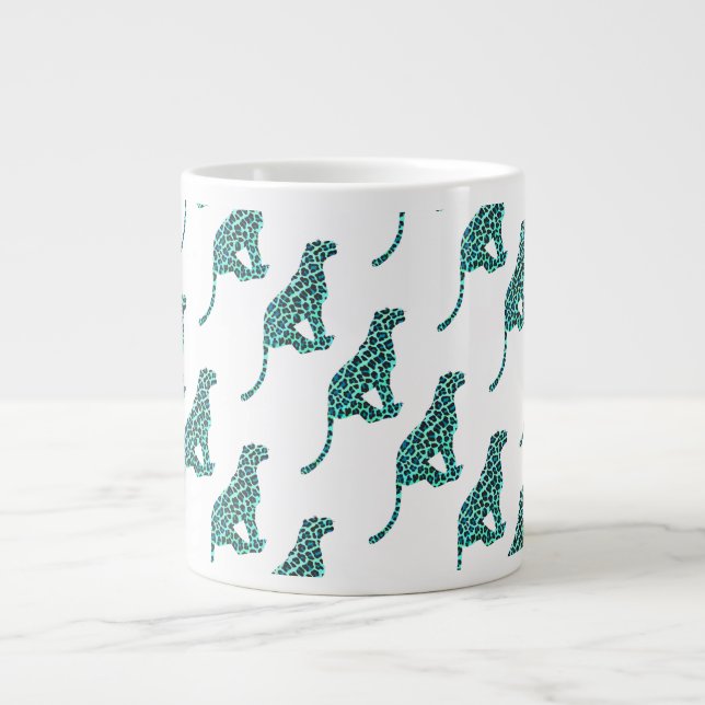 Caneca De Café Grande Impressão de Leopardo Negro e Teal (Frente)