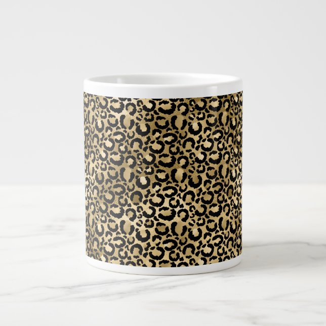 Caneca De Café Grande Impressão Dourada de Leopardo Preto (Frente)