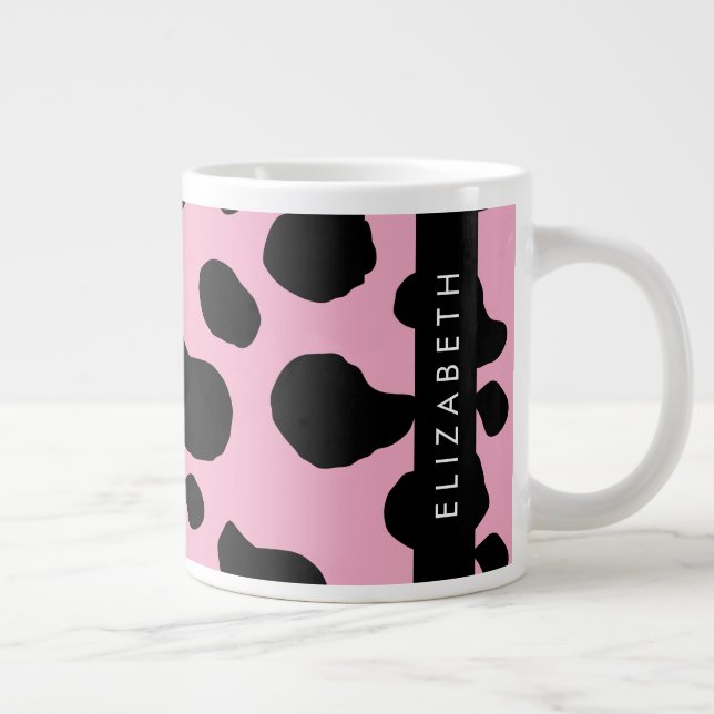 Caneca De Café Grande Impressão, Pontos De Vaca, Vaca Rosa, Seu Nome (Direita)
