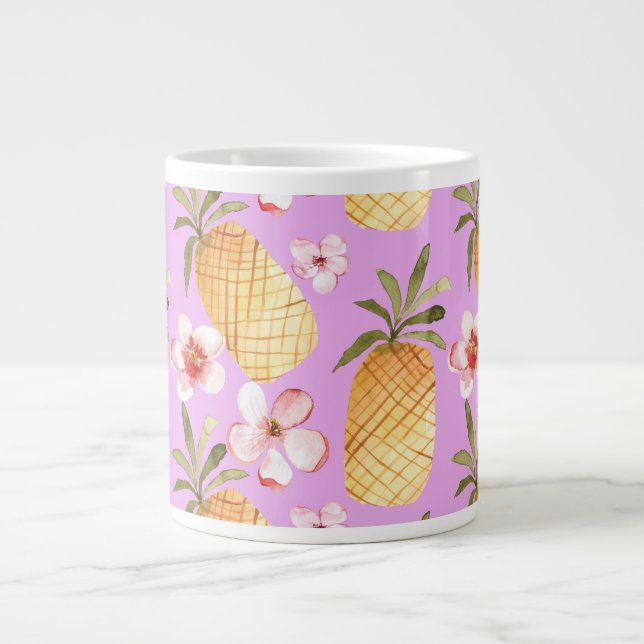 Caneca De Café Grande Impressão tropical de abacaxi retrô sobre fundo li (Frente)