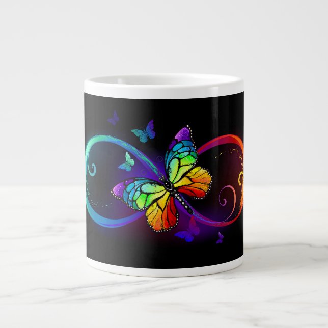 Caneca De Café Grande Infinidade vibrante com borboleta arco-íris a pret (Frente)