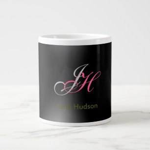 Caneca De Café Grande Iniciais de Monograma de Cinza Negra Simples Simpl