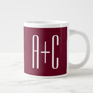 Caneca De Café Grande Iniciais Simples de Casais Branco e Borgonha