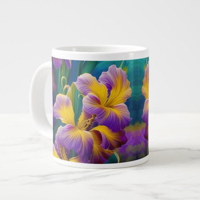 Caneca De Café Grande Iris Folhas plorais roxas e azuis-douradas (Frente Esquerda)