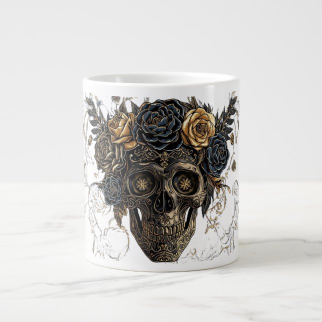 Caneca De Café Grande Ivory Floral Skull Mug | Elegant Gothic Halloween  (Frente)