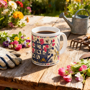 Caneca De Café Grande Jardim de Ervilha-Doce Arte Popular Linocut Treliç