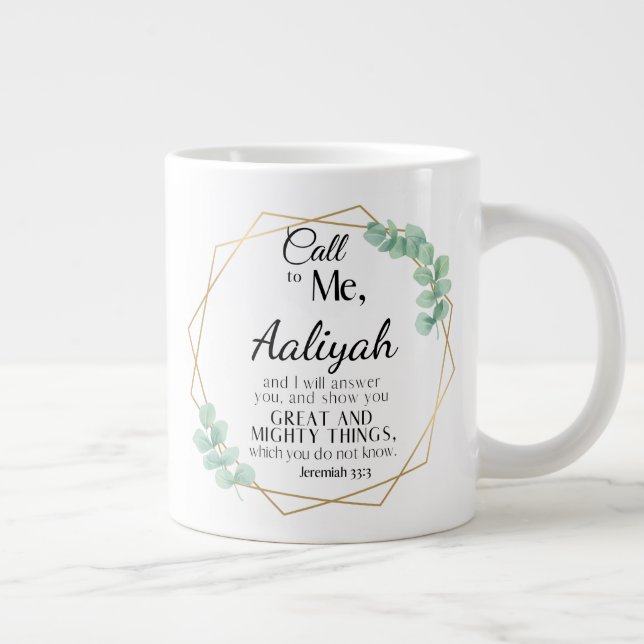 Caneca De Café Grande Jeremiah 33:3 Me ligue Eucalyptus Personalize (Direita)