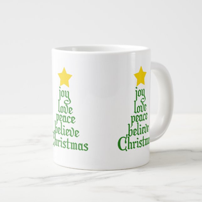 Caneca De Café Grande Joy, Love, Peace, Acredite, Natal (Frente Esquerda)