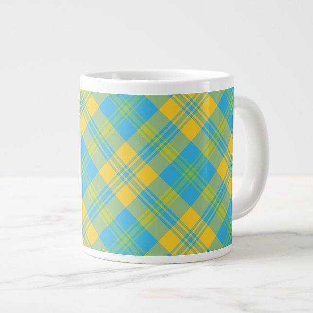 Caneca De Café Grande Jumbo Coffee Mug: Xadrez Azul, Amarelo, Verde (Frente Esquerda)