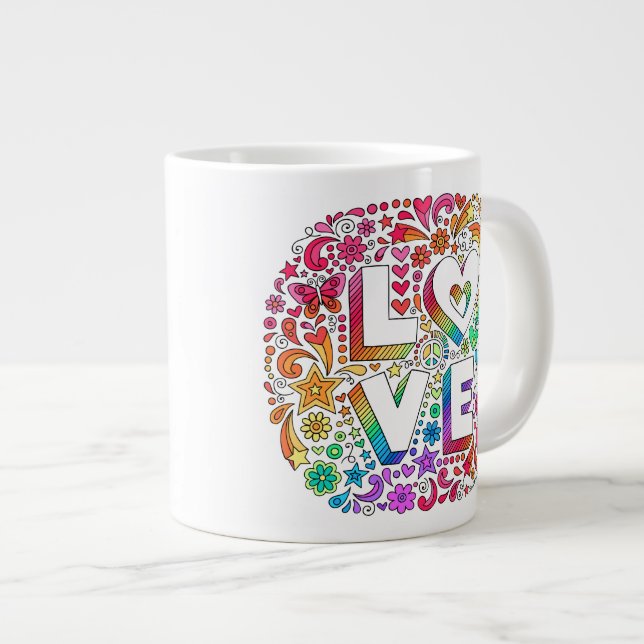 Caneca De Café Grande JUMBO Groovy Psychedelic LOVE Doodles Mug (Frente Esquerda)