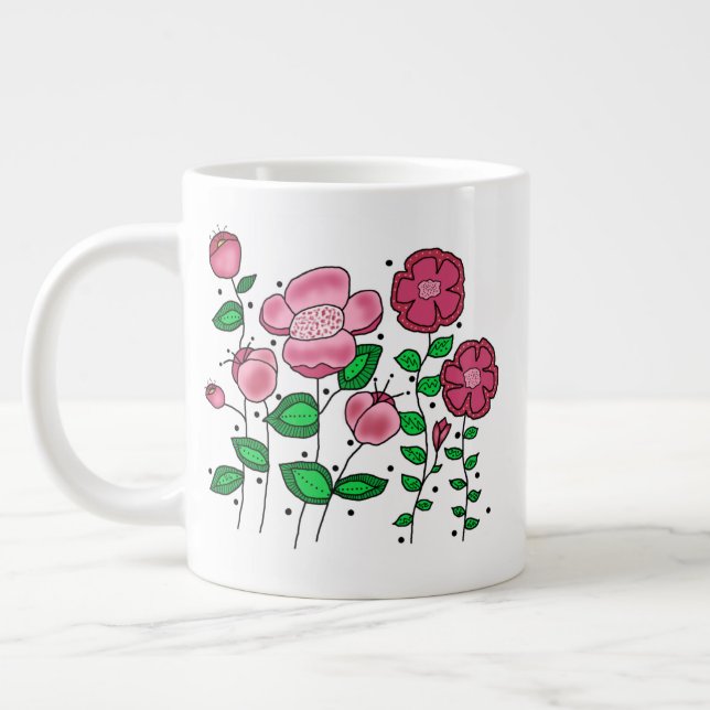 Caneca De Café Grande JUMBO Mug - Pink whimsical flowers (Esquerda)
