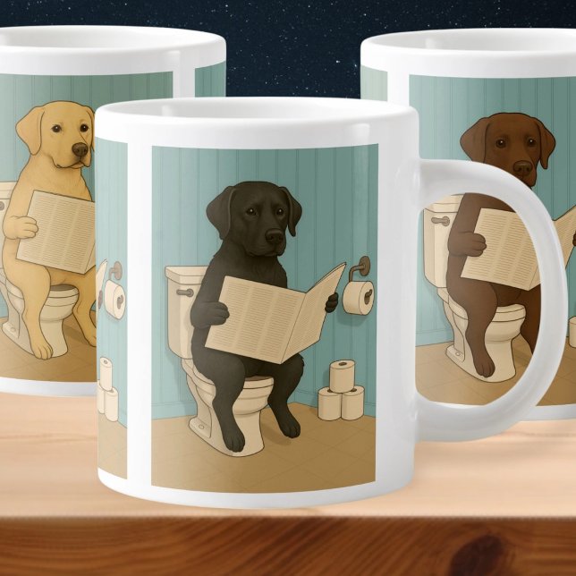 Caneca De Café Grande Labrador Lendo Jornais sobre Banheiro (Labrador Reading Newspaper on Toilet Giant Coffee Mug by Ricaso. Depicting 3 Labrador breed colors)