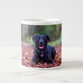 Caneca De Café Grande Labrador Negro Em Folhas De outono