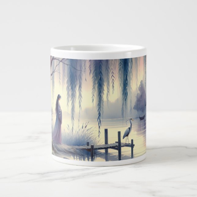 Caneca De Café Grande Lago Serene Fantasy com Willow e Heron (Frente)