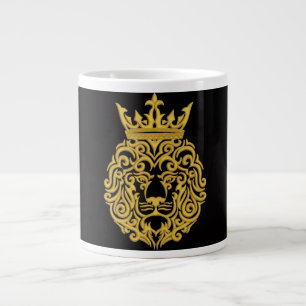 Caneca De Café Grande Leão Dourado com Coroa - Estilo de Bordado Majesto