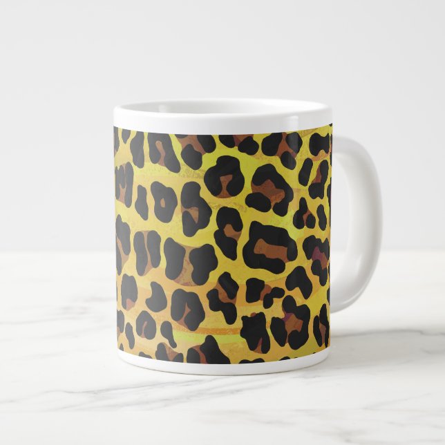 Caneca De Café Grande Leopardo Castanho e Impressão Amarelo (Frente Esquerda)