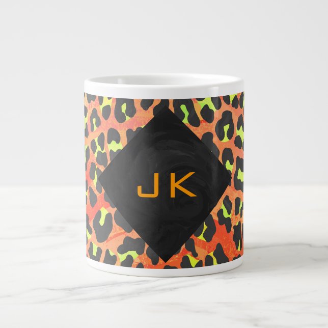 Caneca De Café Grande Leopardo Laranja e Monograma Amarelo (Frente)