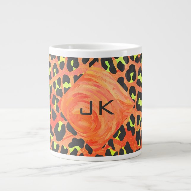 Caneca De Café Grande Leopardo Monograma Laranja e Impressão amarelo (Frente)