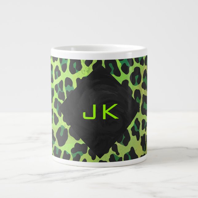 Caneca De Café Grande Leopardo Preto e Verde com Monograma (Frente)