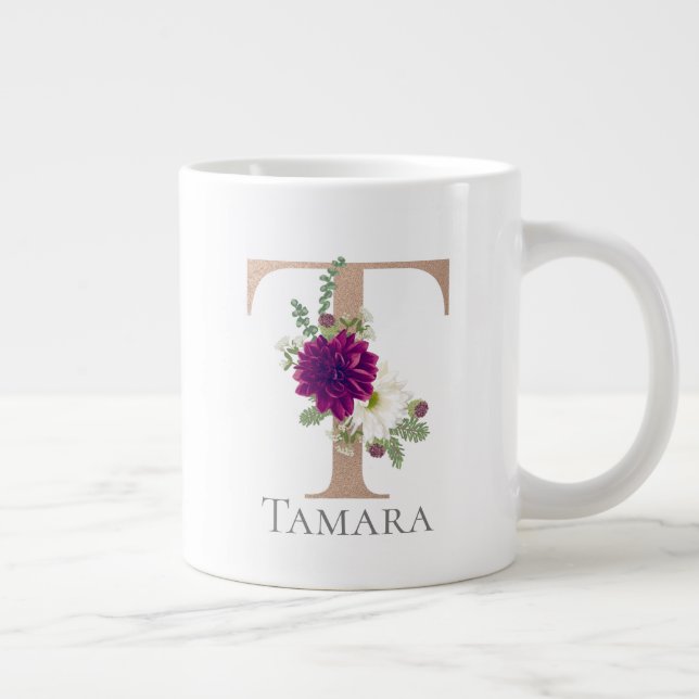 Caneca De Café Grande Letra de nome personalizado Floral Alfabet "T" (Direita)