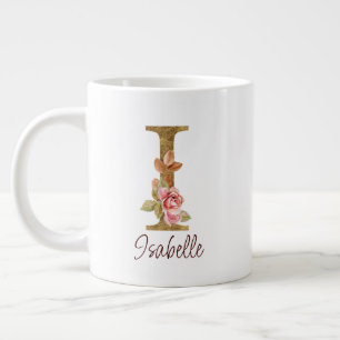 Caneca De Café Grande Letra de Nome Personalizado I Rosas Rosa Bege com
