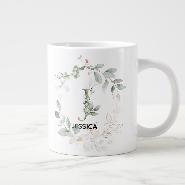 Caneca De Café Grande Letra 'J' Monograma inicial Greenery Wreath w Nome (Direita)