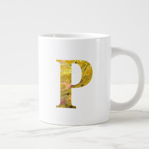 Caneca De Café Grande Letra P Yellow Dourado Boho Marble Monograma