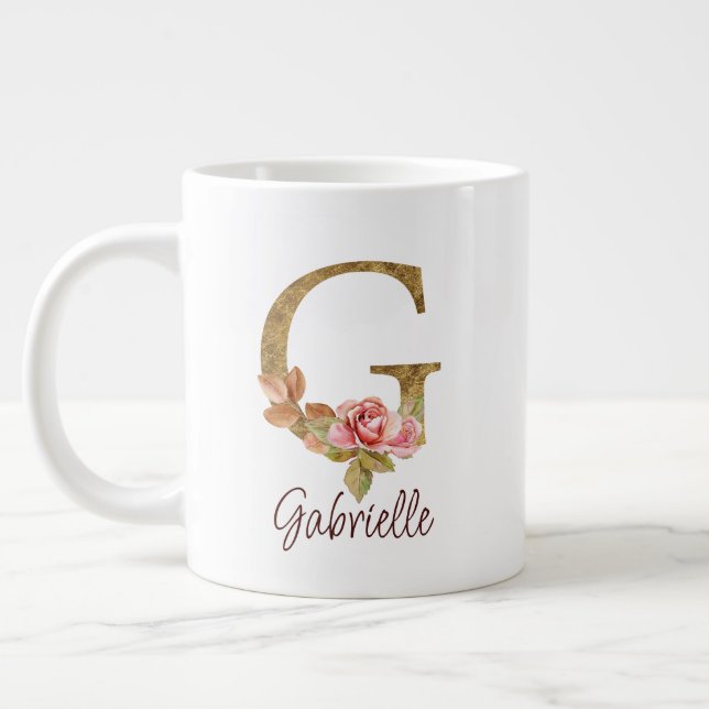 Caneca De Café Grande Letra Personalizada G Dourado Folha Blush Rosas Co (Esquerda)
