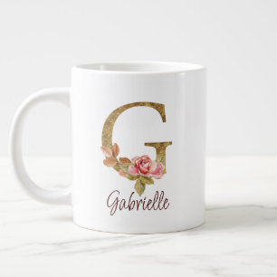 Caneca De Café Grande Letra Personalizada G Dourado Folha Rosa Bege Rosa