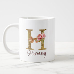 Caneca De Café Grande Letra Personalizada H Folha Dourada Rosas Rosa Pál
