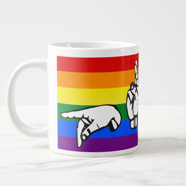 Caneca De Café Grande LGBTQ+ - Linguagem de Sinais do Orgulho Arco-Íris  (Esquerda)