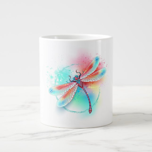 Caneca De Café Grande libélula vermelha sobre fundo de aquarela (Frente)