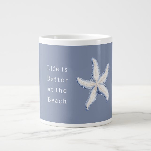 Caneca De Café Grande Life is Better Beach Blue White Starfish (Frente)