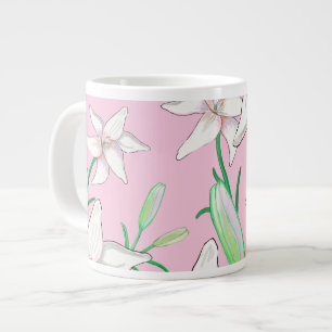 Caneca De Café Grande Lillies Brancos na Ilustração de Fundo Rosa