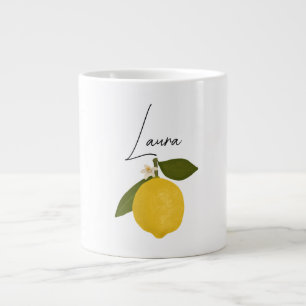 Caneca De Café Grande Limão Amarelo com Folhas Verdes   Citrino Fresco 