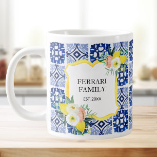 Caneca De Café Grande Limão Cítrico Azul Marinho Italiano Mediterrâneo