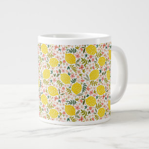 Caneca De Café Grande Limões Amarelos  Floral Verde Rosa  Moderno
